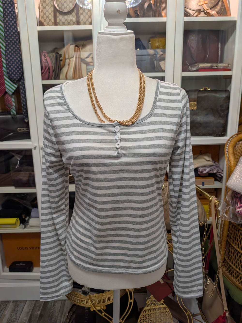 Gray & White Striped Long-Sleeve Henley Tee